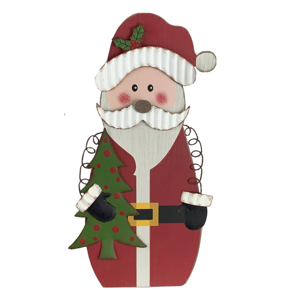 Rustic Santa Claus Christmas Tree Wood Metal Sign Holiday Decor Easel Stand NWT